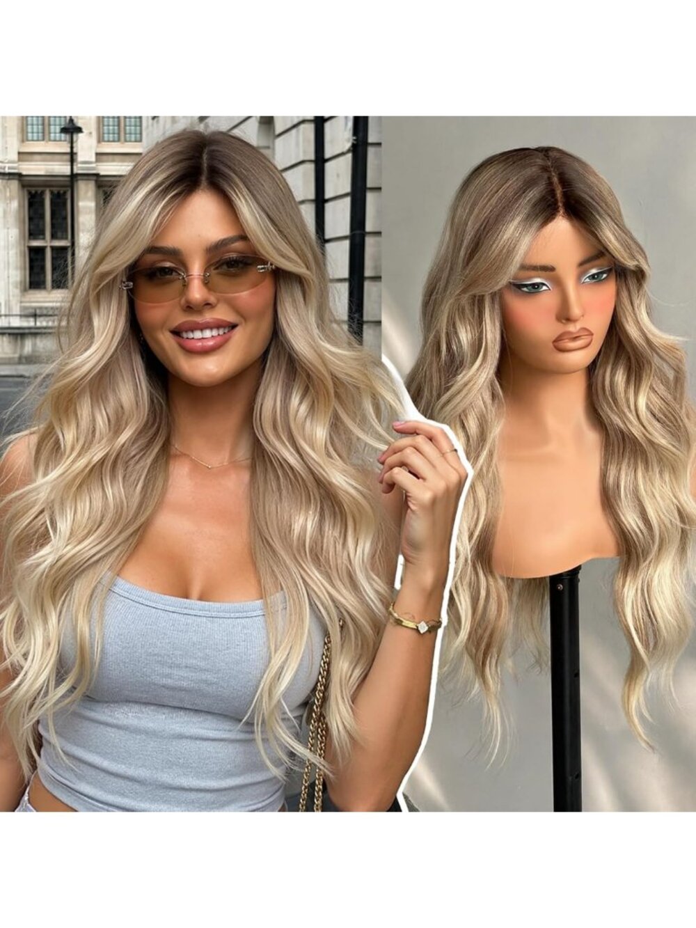 Ombre Dirty Blonde Lace Front Wig with Bangs - 28" Synthetic Hair for Women